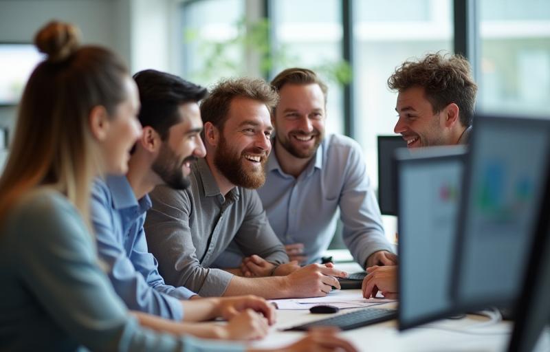 Photo d'une équipe de développeurs souriants et collaboratifs, travaillant ensemble sur un projet dans un bureau moderne à Lyon