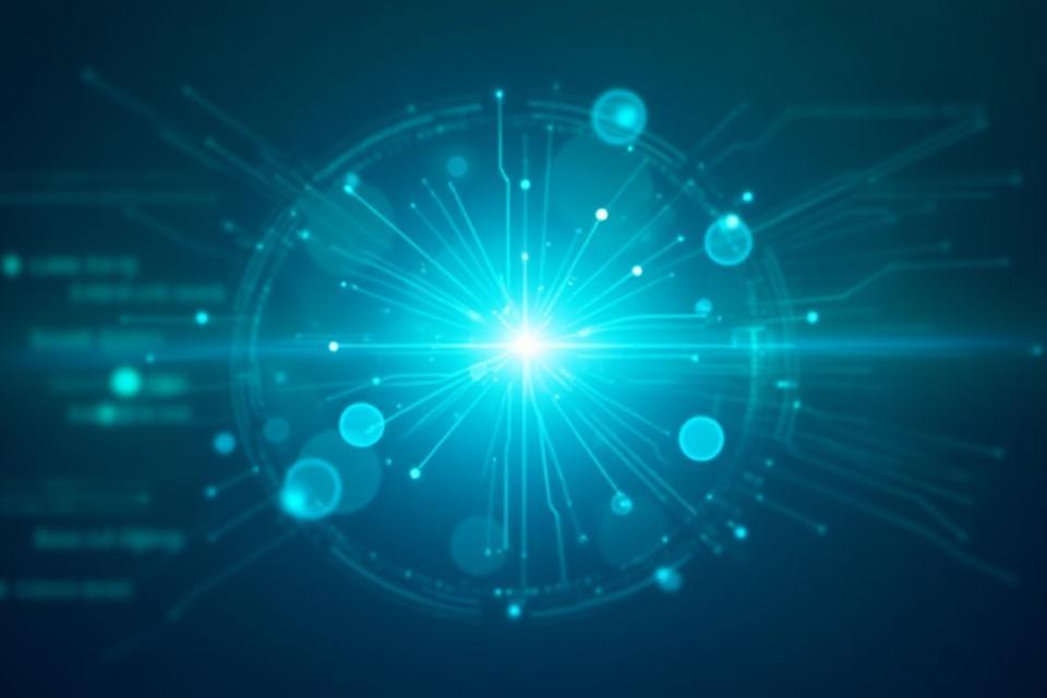 Illustration moderne représentant le développement logiciel innovant avec des formes abstraites et une touche futuriste
